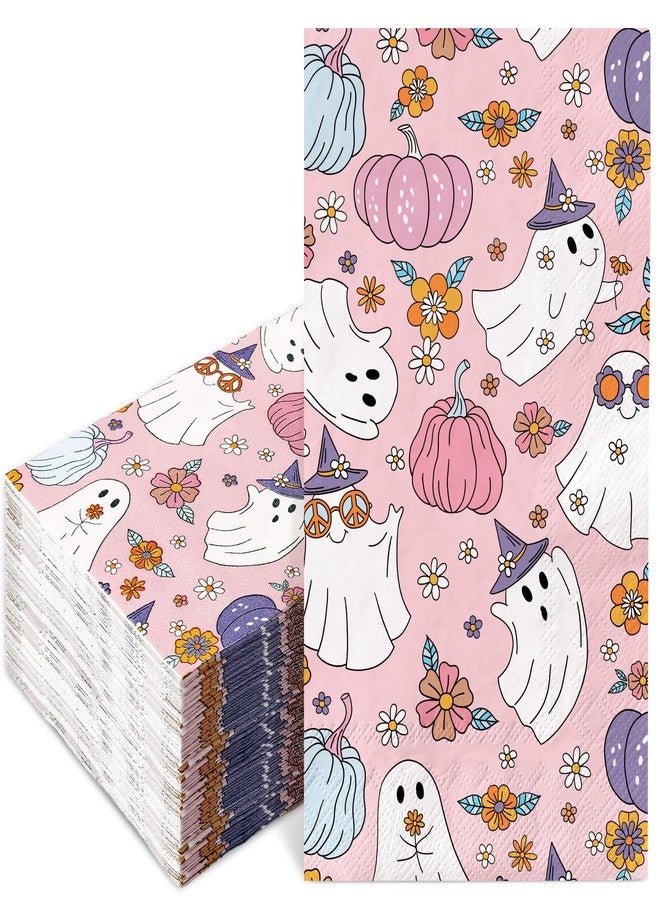 JarThenaAMCS 50Pcs Halloween Guest Napkins Boho Ghost Pumpkin Floral Disposable Paper Napkins Cute Pink Dinner Hand Napkins for Home Kitchen Decor - Image 1